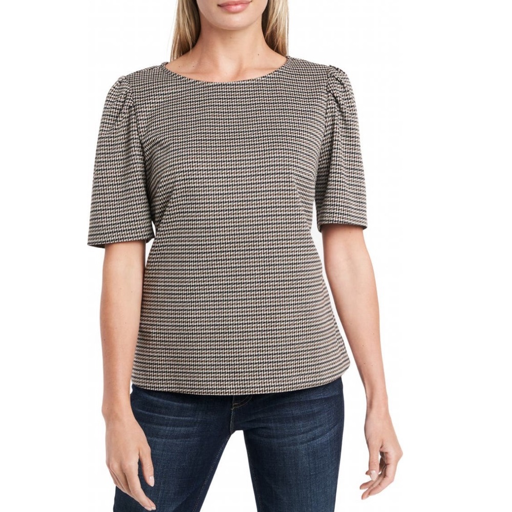 Vince Camuto Puff Sleeve Herringbone Print Blouse In Taupe New With Tag -Reemoly